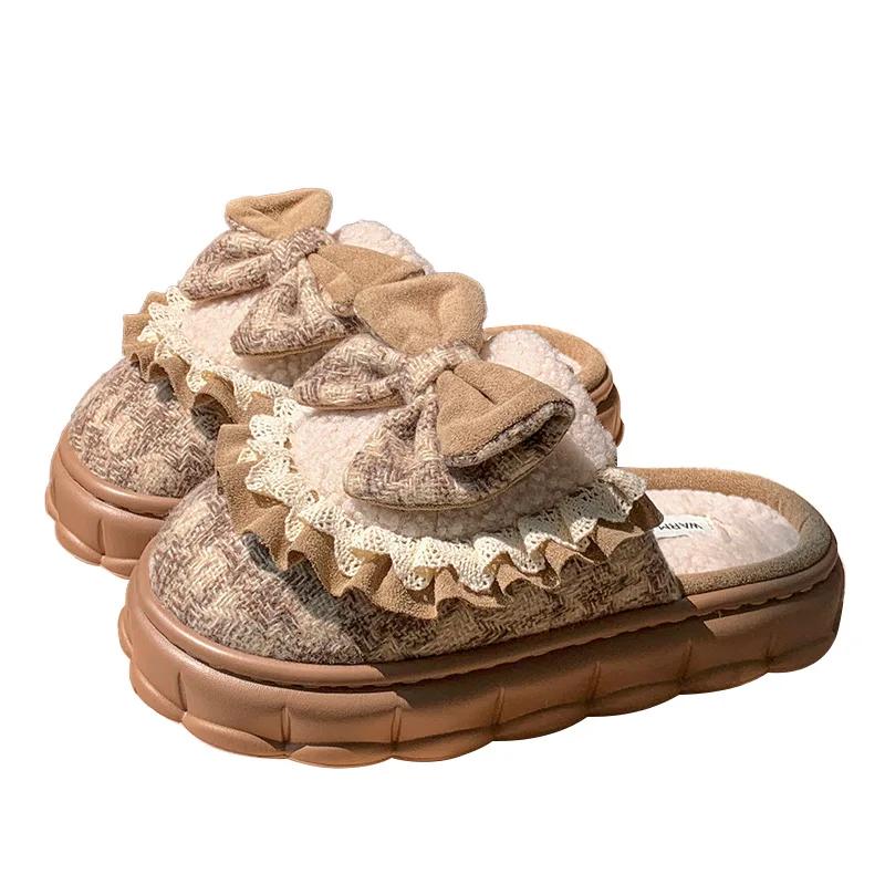 Fashion Fluffy Slippers Women Home Retro Bowknot Designer Winter Shoes Girls Cute House Cotton Casual Plush Platform Footwear Elegant