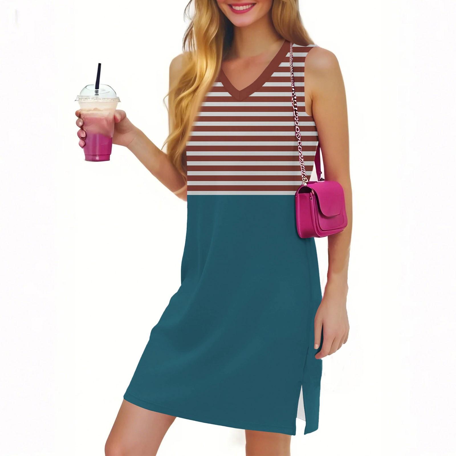 

Жіноча повсякденна модна сексуальна сукня з V-подібним вирізом і без рукавів у смужку S