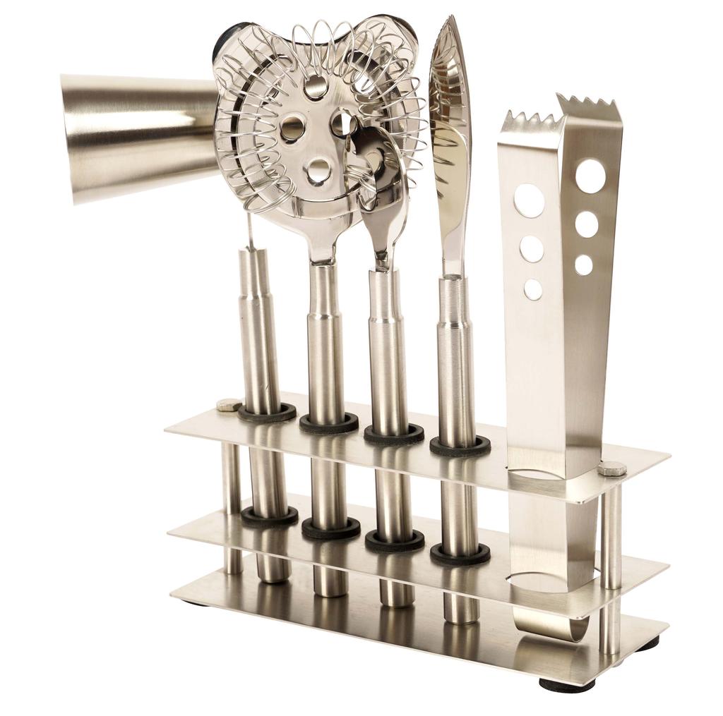 Trifri Sada barových nástrojů pro koktejlové barmany se stojanem, 5dílná barová sada z nerezové oceli pro domácí barmany, mixér na nápoje