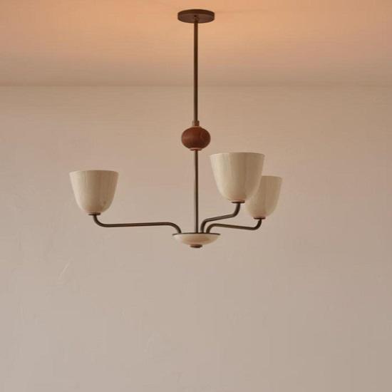 1950s Mid-Century Modern Brass Chandelier | Mid Century Wooden Ball 3 Arms Italian Modern Ceiling Pendant | Stilnovo Brass Ceiling Fixture