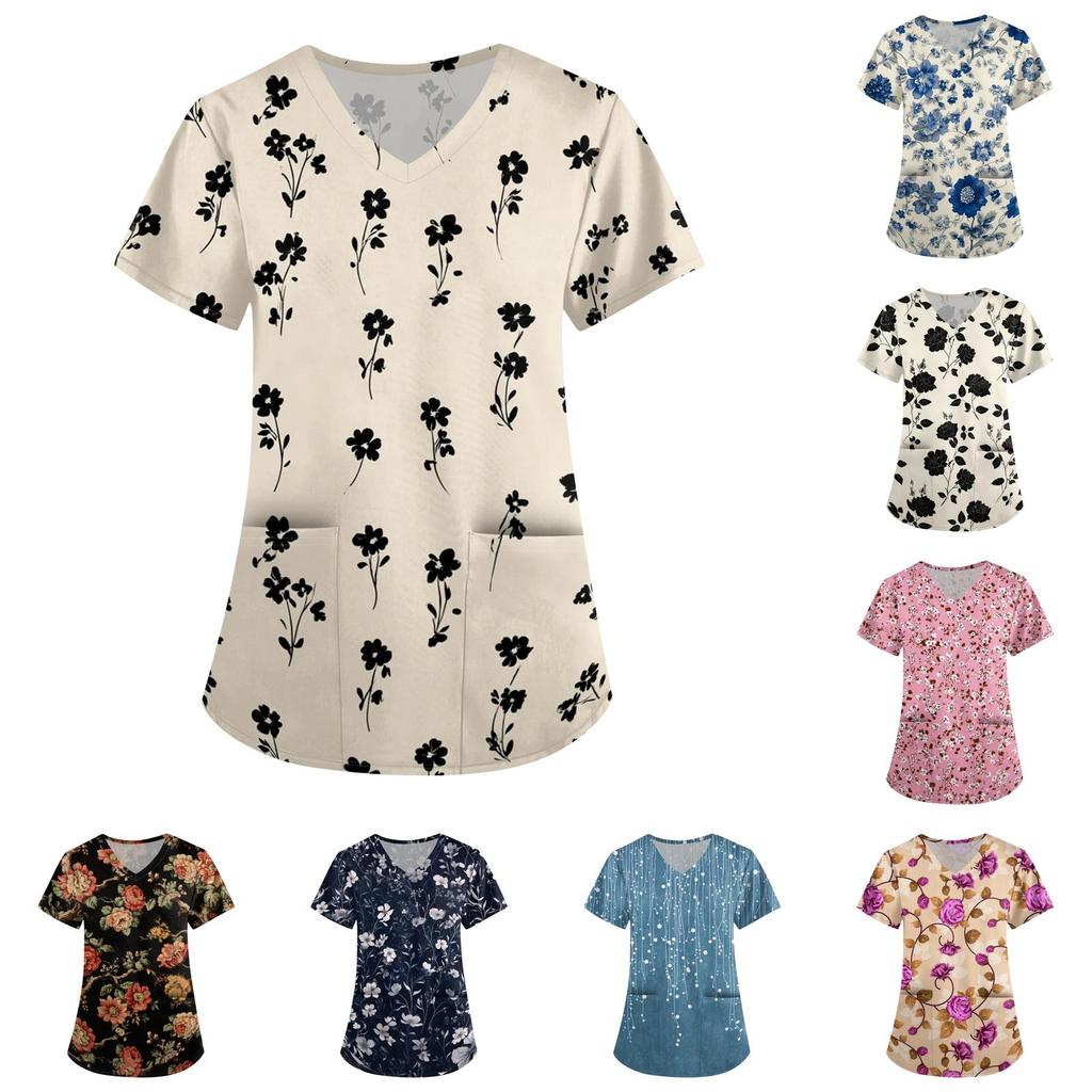 Loose Fit V Neck Pocket Short Sleeve Medical Scrub Top Floral Pattern Nurse Uniform Workwear for Healthcare Professionals