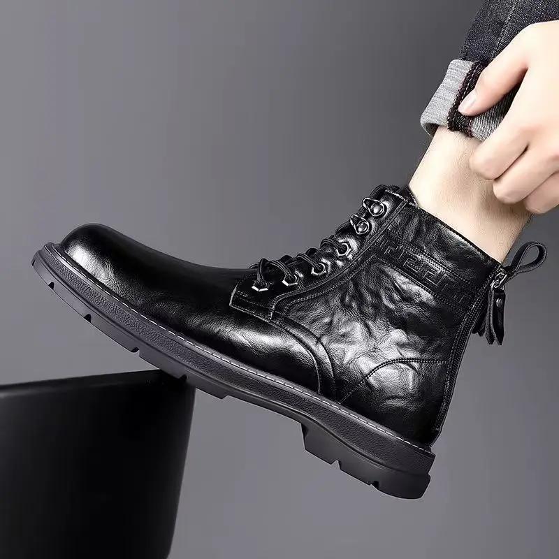 Men High Top Boots High Quality Casual Leather Booties Classic Side Zip Ankle Boots Plush Warm Winter Boots for Men Cotton Shoes