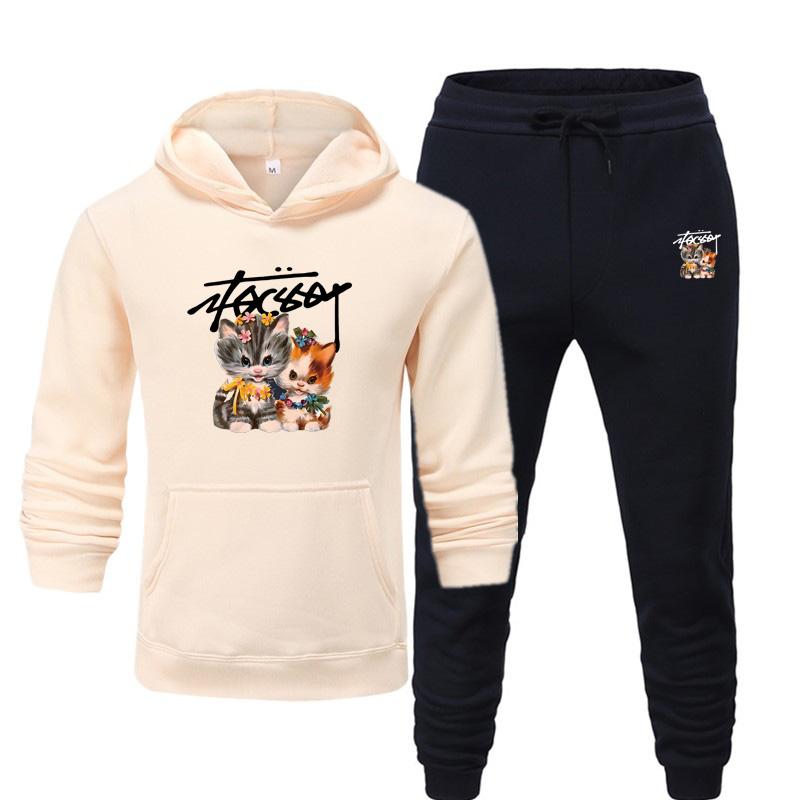 Men's and Women's New Autumn and Winter Plus-size CARTOON CAT Printed Hooded Sportswear Casual Sportswear Set