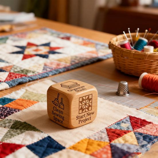 Wooden Quilter Dice with 6 Engraved Quilting Tasks Solid Wood Quilting Projects Decision Dice Sewing Quilting Crafts Enthusiasts Gift