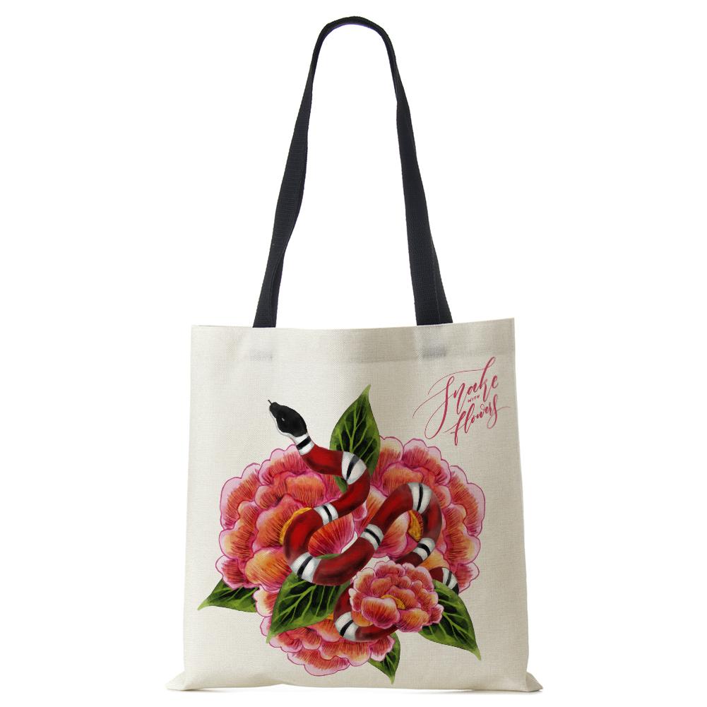 

Женская сумка через плечо с цветочным змеем и принтом букв, многоразовая сумка-шопер, сумка-тоут Harajuku, эко-холщовая сумка большой емкости