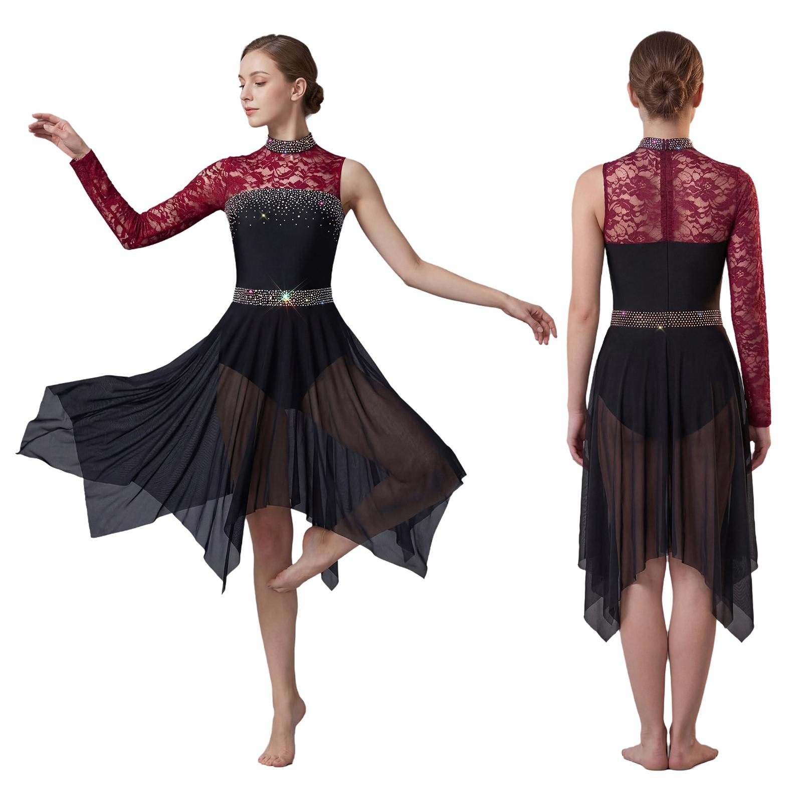 

Womens Rhinestone Ballet Lyrical Dance Waltz Dress Lace High Neck Irregular Mesh Modern Contemporary Dance Performance Costume M бордовый