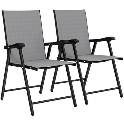 Folding Garden Chairs Set of 2, Foldable Garden Dining Chairs with High Back, Armrests, Texteline Seat, Light Grey