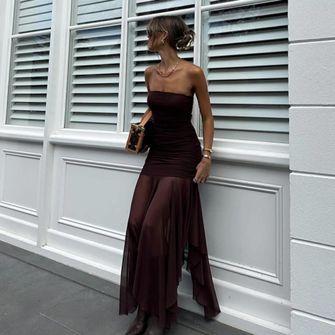 2026 spring and summer new European and American women s clothing sexy tube top sleeveless pleated slim mesh splicing dress women S