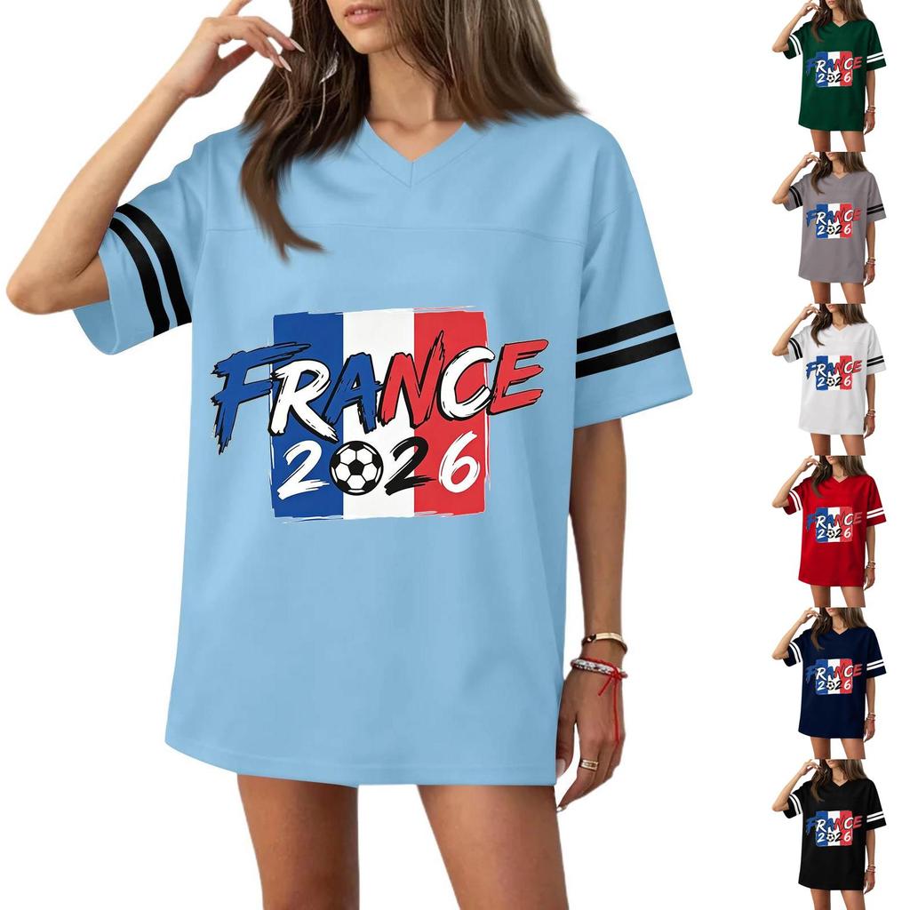 Women V Neck Short Sleeve Loose Fit Sports T Shirt with Flag Graphic and Number Print for Casual or Athletic Wear 2026
