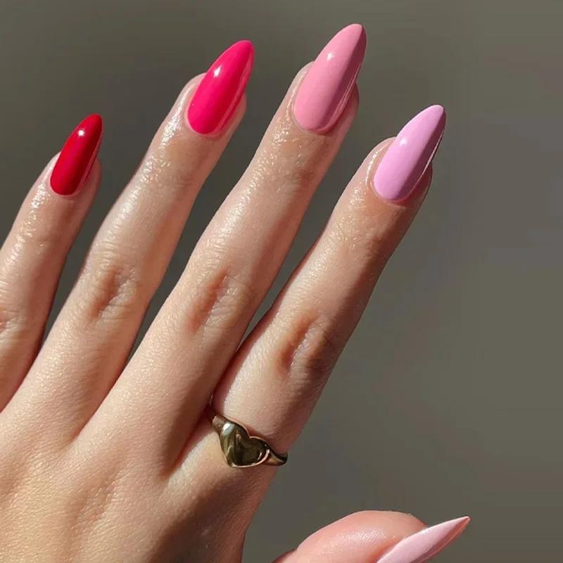 24Pcs Almond Long French Fake Nails Pointed Glossy White Edge Artificial Acrylic Press On Nails Removable Nail Art Tips