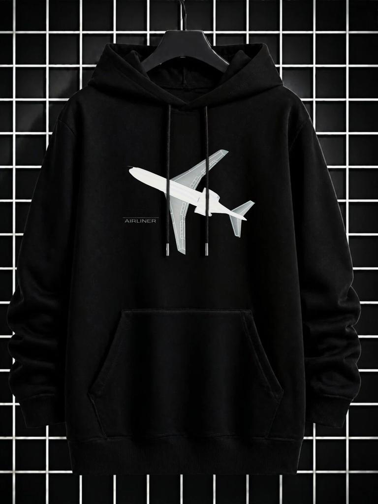 unisex Hoodie, Casual Daily Wear, Airplane Graphic Print, Pullover Sweatshirt, Streetwear Style, Autumn Winter Season, Front Kangaroo Pocket with Draw