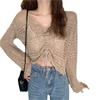 Hollow knitted sweater women's summer short drawstring v-neck lazy outside with sunscreen long-sleeved thin blouse top women