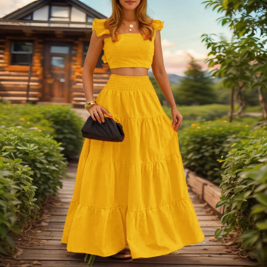 Letní nový sexy temperamentní jednobarevný maxi dvoudílný outfitový set šaty se špagetovými ramínky