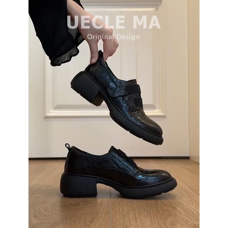 Cowhide Version~ Platform Loafers Women's 2025 New Velcro Retro Round Head Small Leather Shoes Thick Heel Commuter Shoes