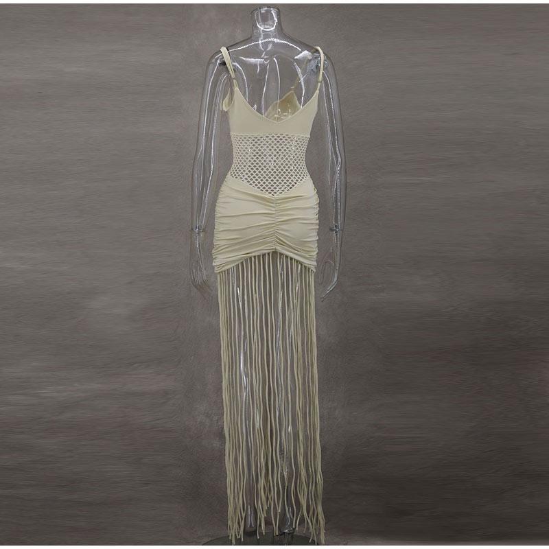 Hollow Out See-through Long Dress Women Holiday Tassels High Waist Sleeveless Strap Dresses Female Backless Evening Club  Robe