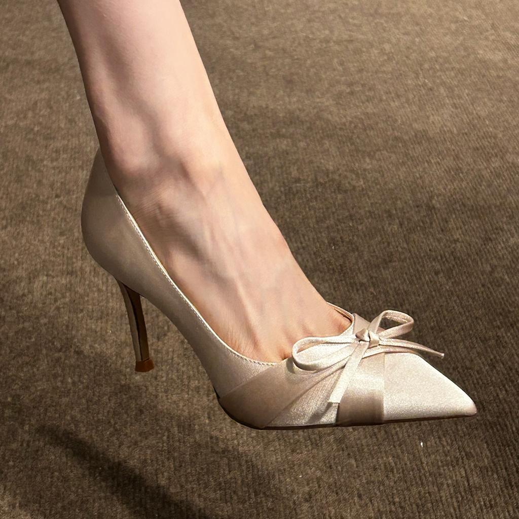 Autumn Niche Nude High Heels Women's Thin Heels Pointed Satin Temperament Gentle Bow Single Shoes