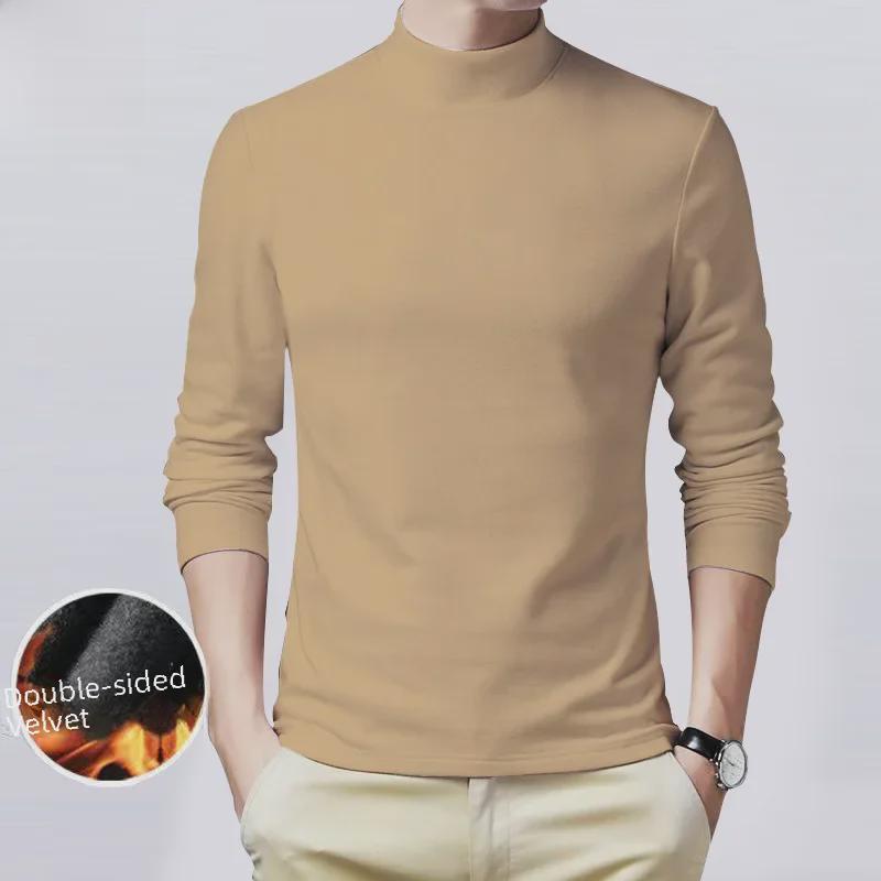 Men's Printed Warm Long-Sleeve Velvet T-Shirt with Double-Sided Velvet and Half-High Collar – Autumn/Winter Style