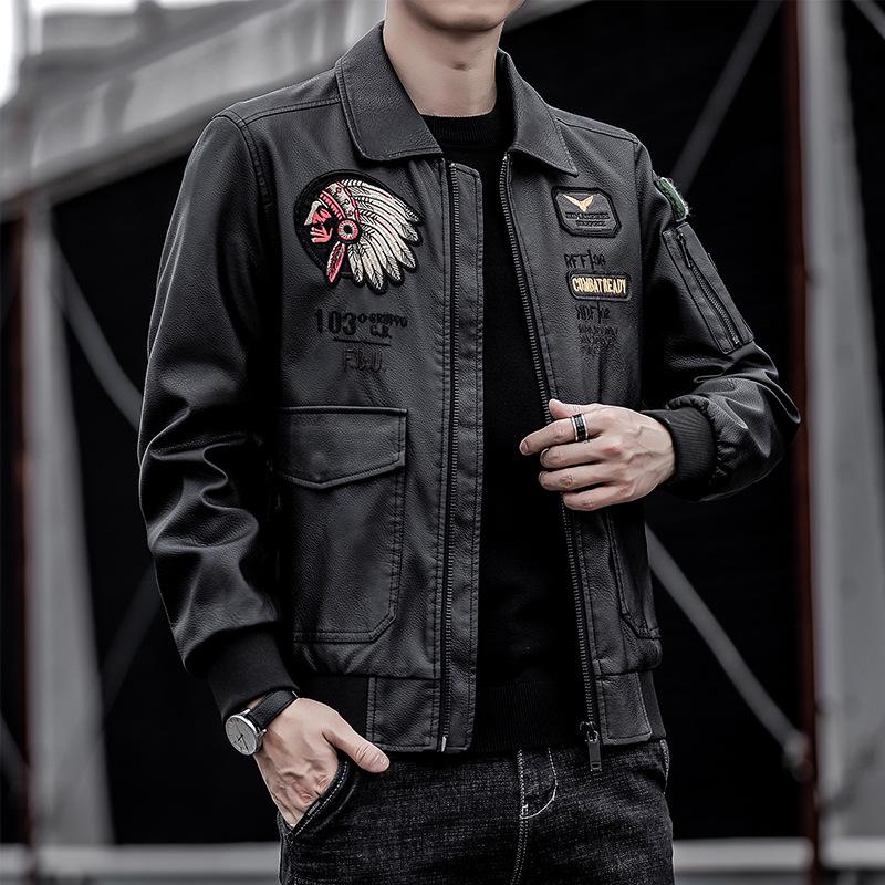 2021 Men's Lapel Embroidered PU Leather Motorcycle Jacket for Spring/Autumn - Casual Trendy Design