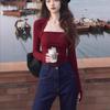 Retro Hong Kong Red Square Neck Long Sleeve Women's Slimming T-shirt for Autumn