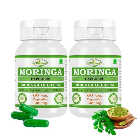 Morsan Nutraveda Moringa (Moringa Oleifera, Sahijan) | 60 X 500 Mg Veg Capsules | Enhances Energy Levels, Supports Immune Strength (Pack of 2)