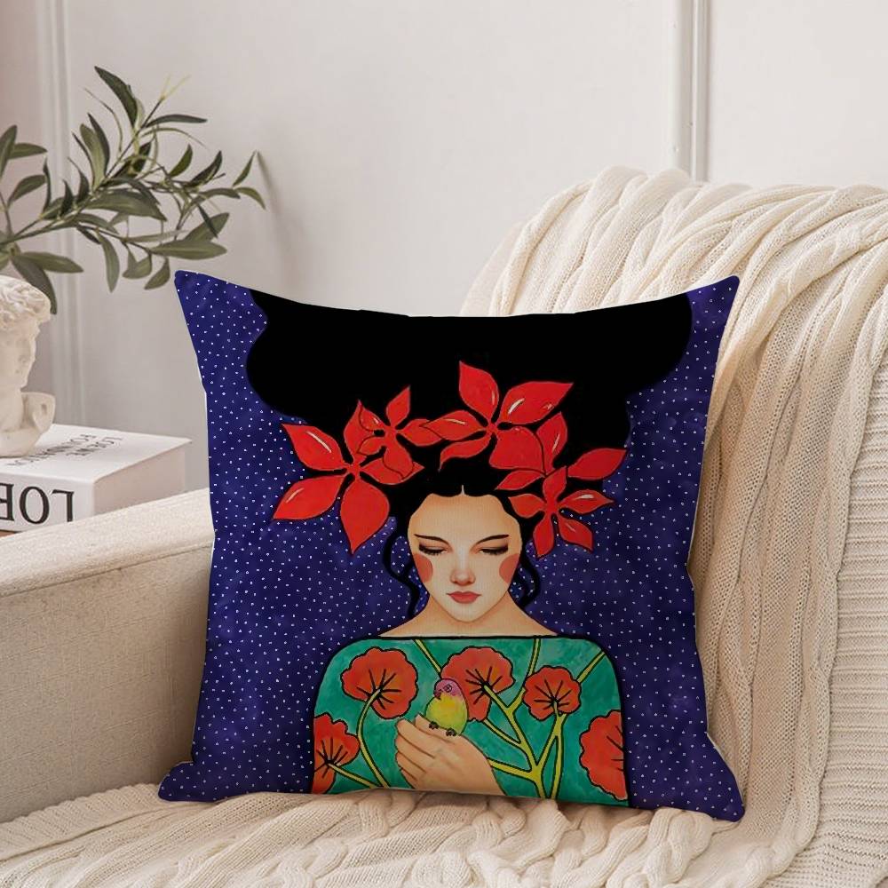 Vintage Abstract Girl Hair Flower Pillow Case Home Decor Throw For Sofa Bed Car Room Decor Gift Idea