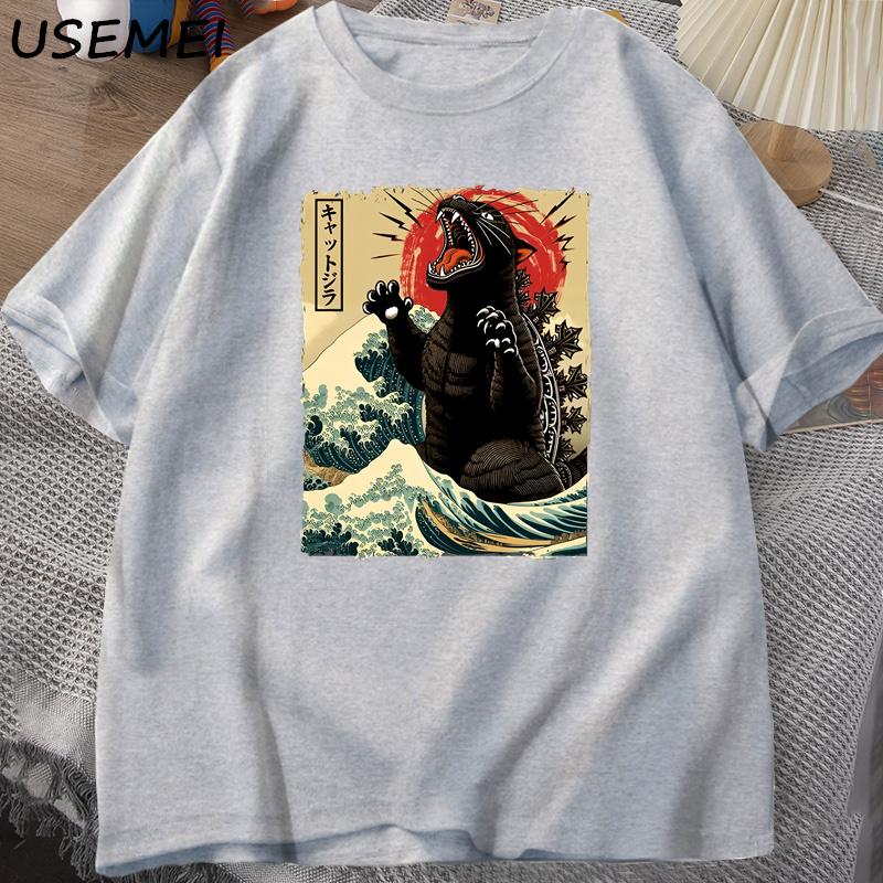 

Catzilla Cat T-Shirt for Cat Owner Clothes Funny Harajuku Oversized T Shirts Men s Cotton Tshirt Unisex Printed Cat Lover Clothes S серый