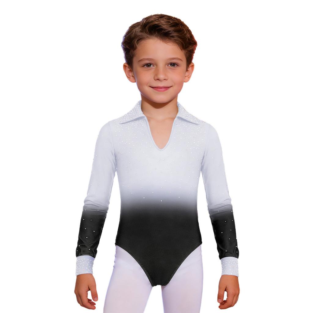 Boys Gymnastics Dance Leotard Turn Down Collar Long Sleeve Shiny Rhinestones Gradient Color Bodysuit