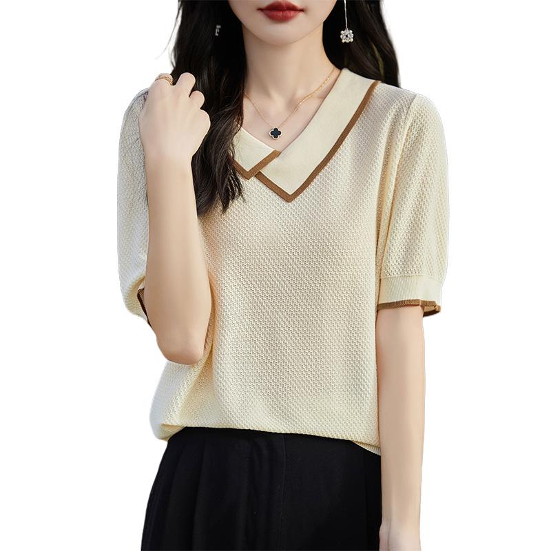 Women's Summer Tencel Lyocell Square Collar Contrast Honeycomb Knit Short-Sleeve Sweater Top