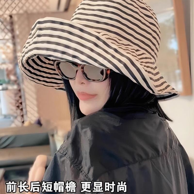 Bucket Hat Women's Spring and Summer New Striped Face Small Visor Big Brim Sun Protection Hat Beach High-end Sun Hat