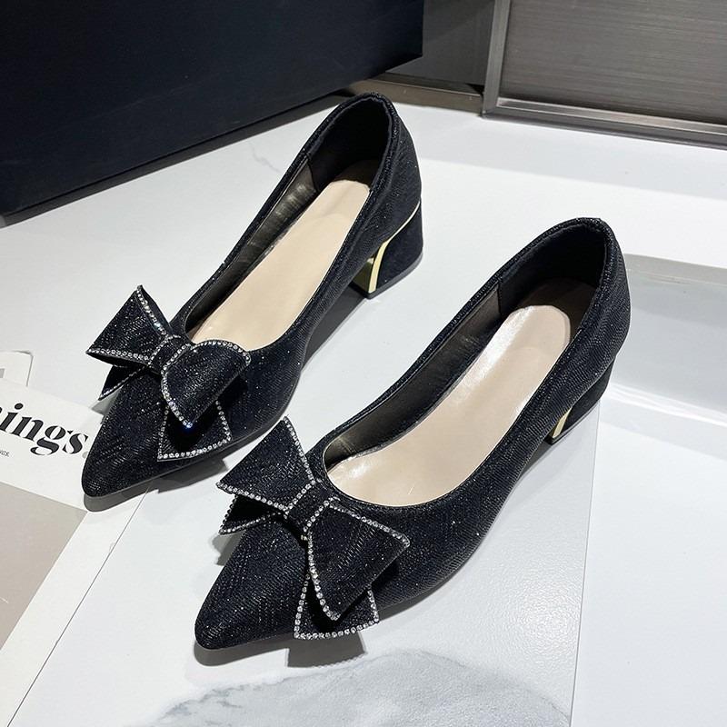 

Туфли-лодочки на высоком каблуке с острым носком и бантом из стразов, женские новые весенне-осенние туфли на одной педали, большой размер 43wish 43 чёрный