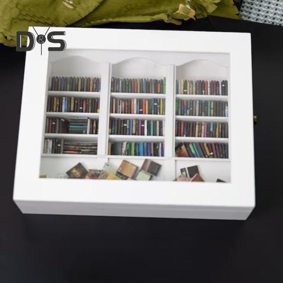 Anxiety Relief Mini Bookshelf Realistic Miniature Bookshelf Ornament with 300 Pcs Mini Book Wood Simulated Mini Bookshelf for Book Lovers Home Office