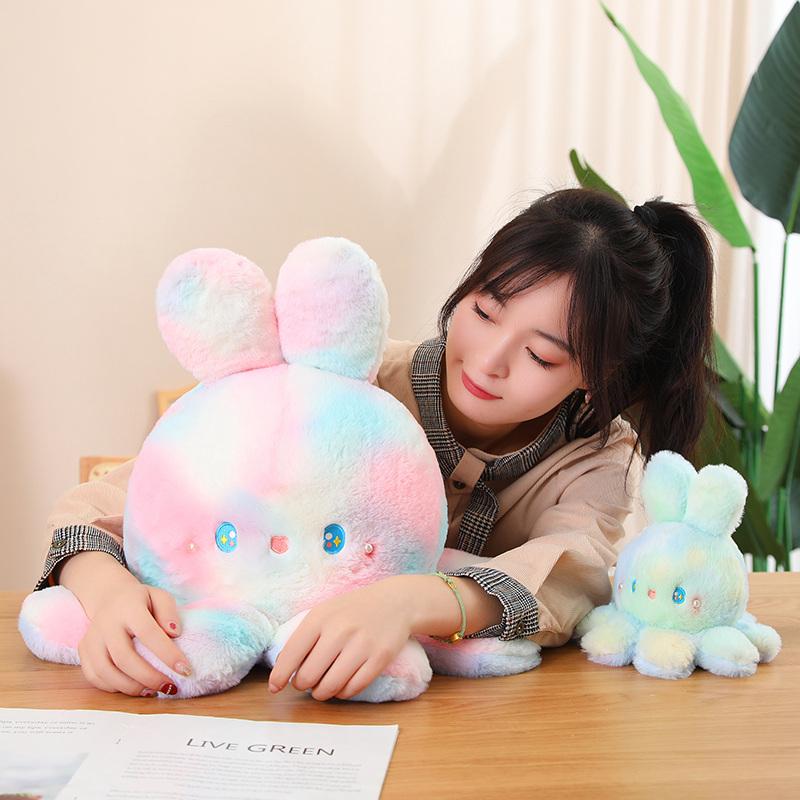 Kawaii Plush Flip Rainbow Cosplay Bunny Octopus Plush Toy Double Side Reversable Rabbit Plushie Peluche Doll Cuddly Doll