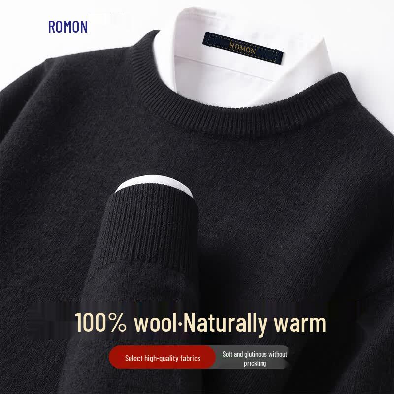 Luomeng Men's 100% Merino Wool Round Neck Pullover Sweater