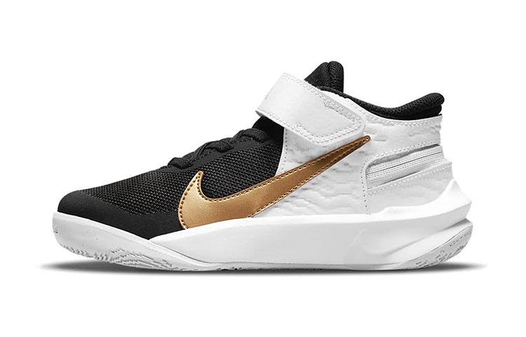 Nike Team Hustle D 10 Flyease Abrasion Resistant Mid top Basketball Shoes White Gold Black Children Aged 3 7 Years Old DD7302-002 28
