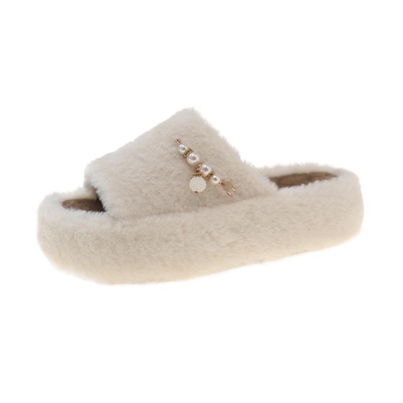 Fashion Aphixta Luxury Pearl Plush Furry Slipper Black Concise Women Indoor Bedroom Slippers Flat Heel Hair Slippers Round Toe Footwear