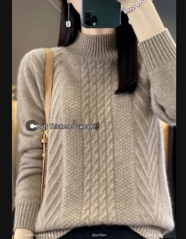 

Женский шерстяной свитер с полувысоким воротником - Однотонный, Вязаный косами, Смесь кашемира, Утепленный базовый слой, Модный Осень/Зима 2023. 2XL верблюд