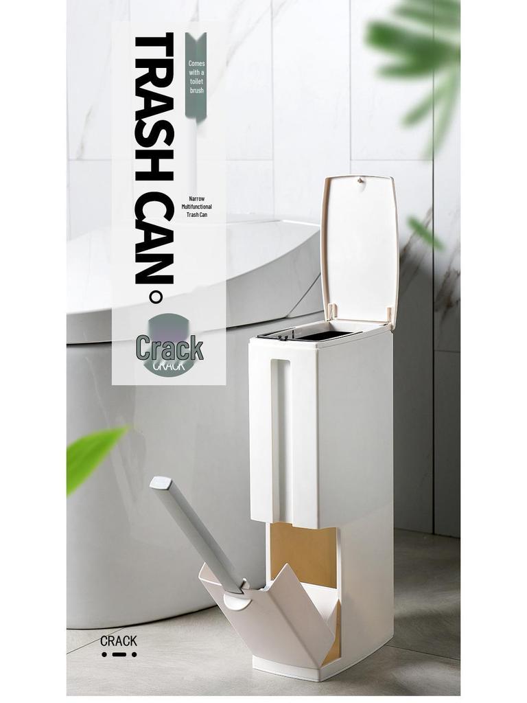 Japanese-Style Bathroom Trash Can & Toilet Brush Set: Compact, Narrow Design with Lid.