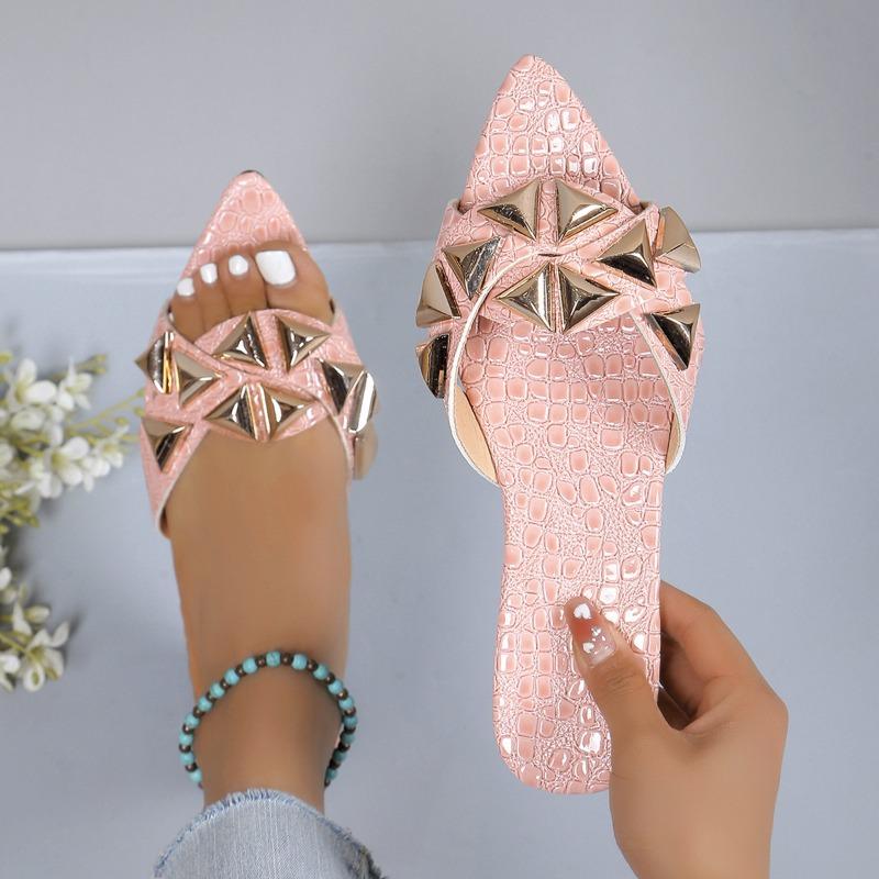 

Новая летняя мода универсальные крутые шлепанцы с заклепками женские остроносые туфли на высоком каблуке крутые шлепанцы 43 розовый