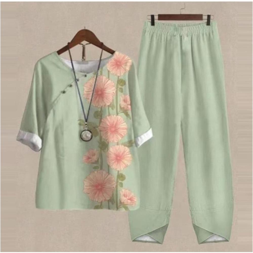 Women's Casual Two-Piece Floral Print Outfit Five-Point Sleeve Tops and Elastic Waist Pants Set
