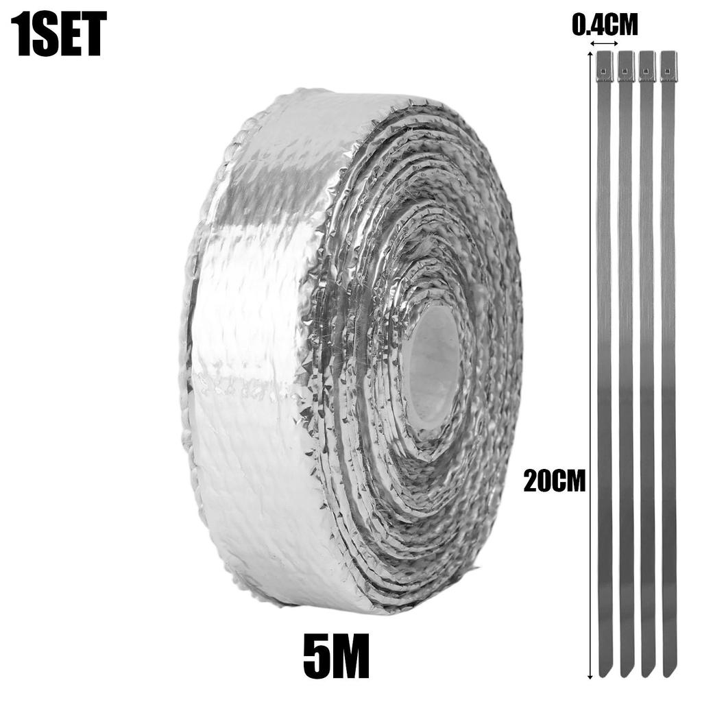 Motorcycle Muffler Thermal Tape Exhaust Band Heat Wrap Fiberglass Heat Shield Insulation with Stainless Ties 5M Aluminum Foil