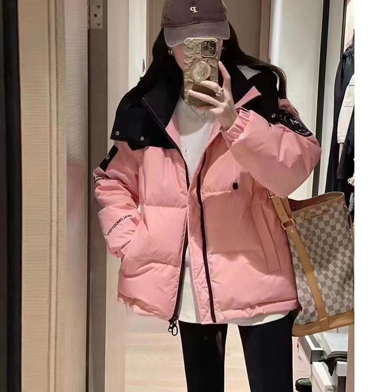 Down jacket women's 2024 winter new contrasting color short hooded white duck down thickened warm windproof jacket