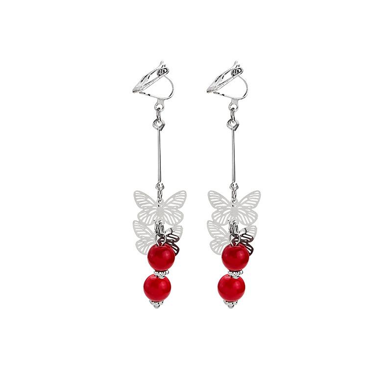 Temperament Muse Long Butterfly Fringed Earrings, Super Fairy Red Pearl Earrings Without Pierced Earclips