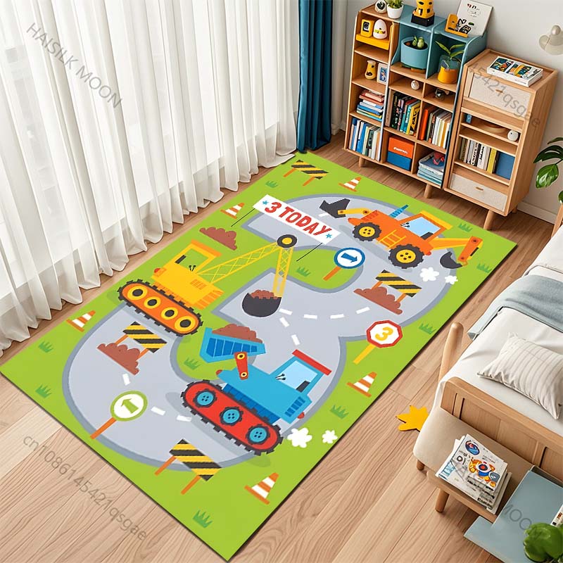 Cartoon Baumaschine Teppich für Wohnzimmer Schlafzimmer Sofa Kreative Fußmatte Heimdeko Bereich Robuster Rutschfester Teppich Große Größe