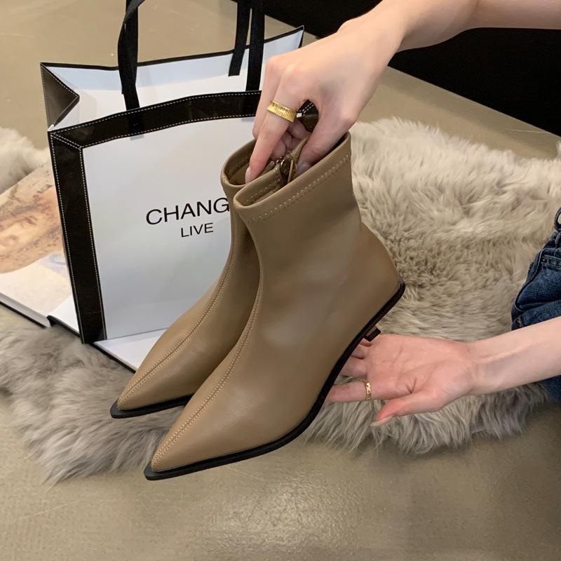 

Остроносые тонкие каблуки тонкие короткие ботильоны женские осенне-зимние на молнии одинарные ботинки темперамент белые средний каблук эластичные тонкие ботильоны 39 хаки