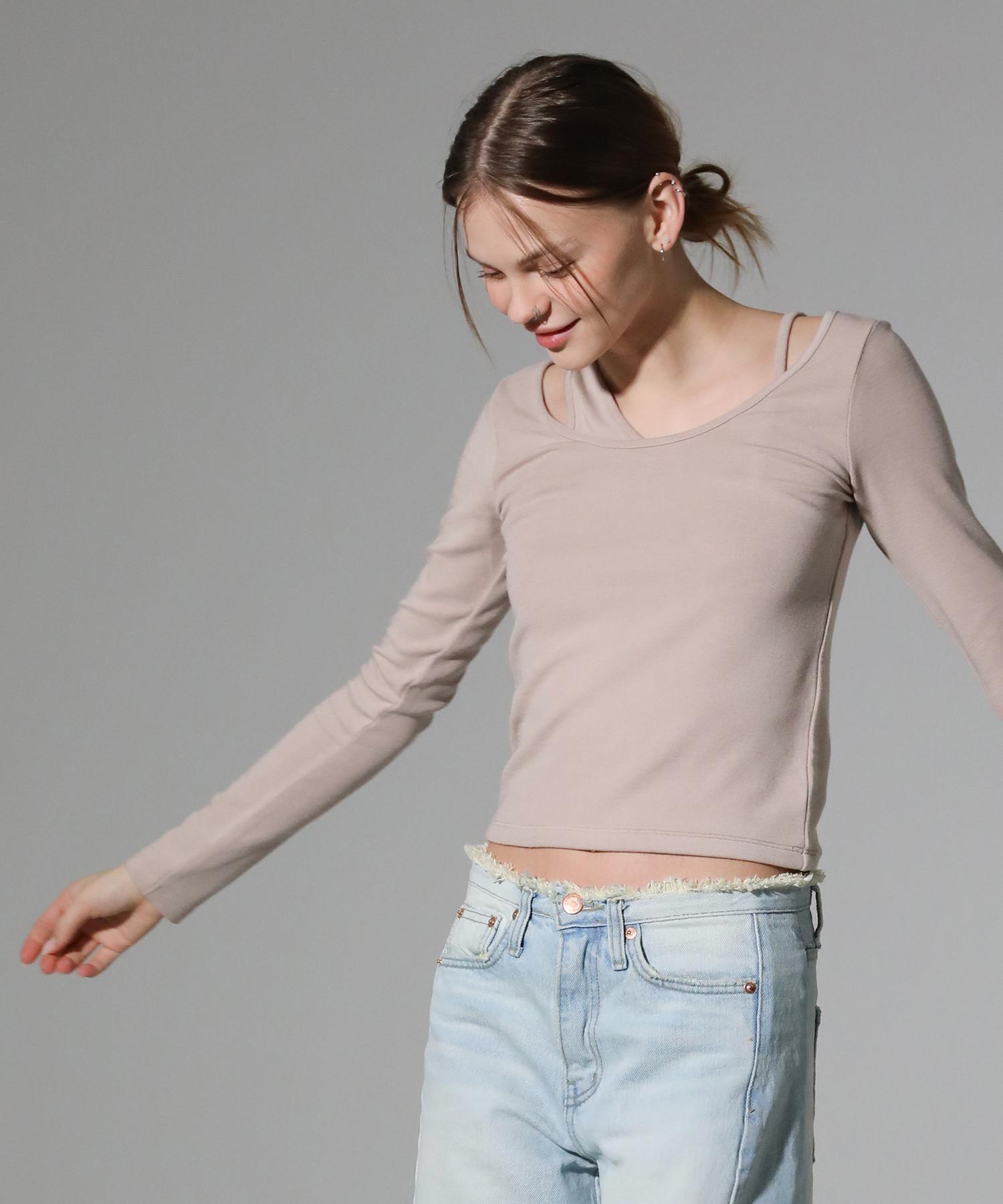 Limnic Slim Cut-Out Long Sleeve T-Shirt [Beige] Beige/S
