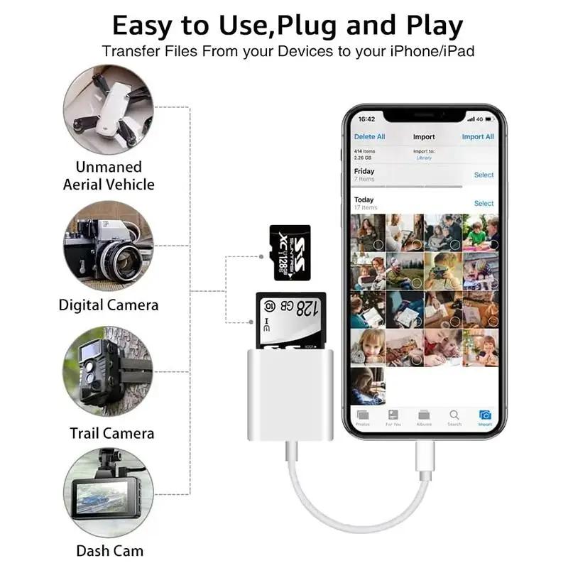 Lightning Card Reader 2in1 Adapter for iPhone iPad with TF Memory Card Slot Compatible with Mini SD Cards