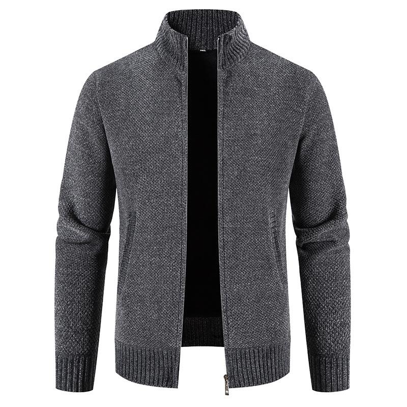 Casual Long-sleeved Knitted Jacket Autumn and Winter Plush Sweater Cardigan Men's Stand-up Collar