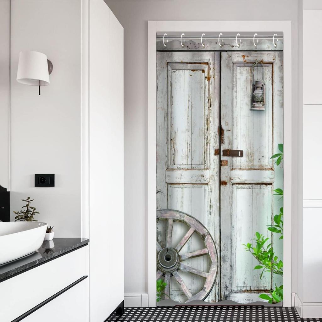Farmhouse Barn Door Shower Curtain - Rustic Wood Plank Design 71x71 Inch, Waterproof Country Bathroom Decor with Hooks