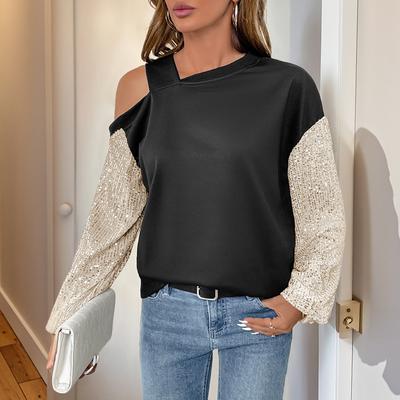 Spring and Autumn Women's Long Sleeve Sequins Strapless Colour Block Sweatshirt