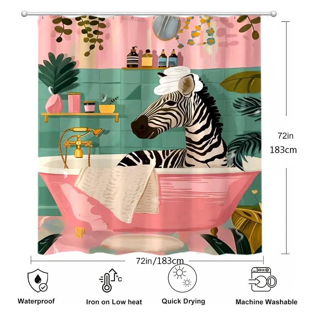 "Vintage Watercolor Zebra Bathtub Shower Curtain - Pink & Teal Tropical Plants Polyester Machine Washable Playful Bathroom Decor